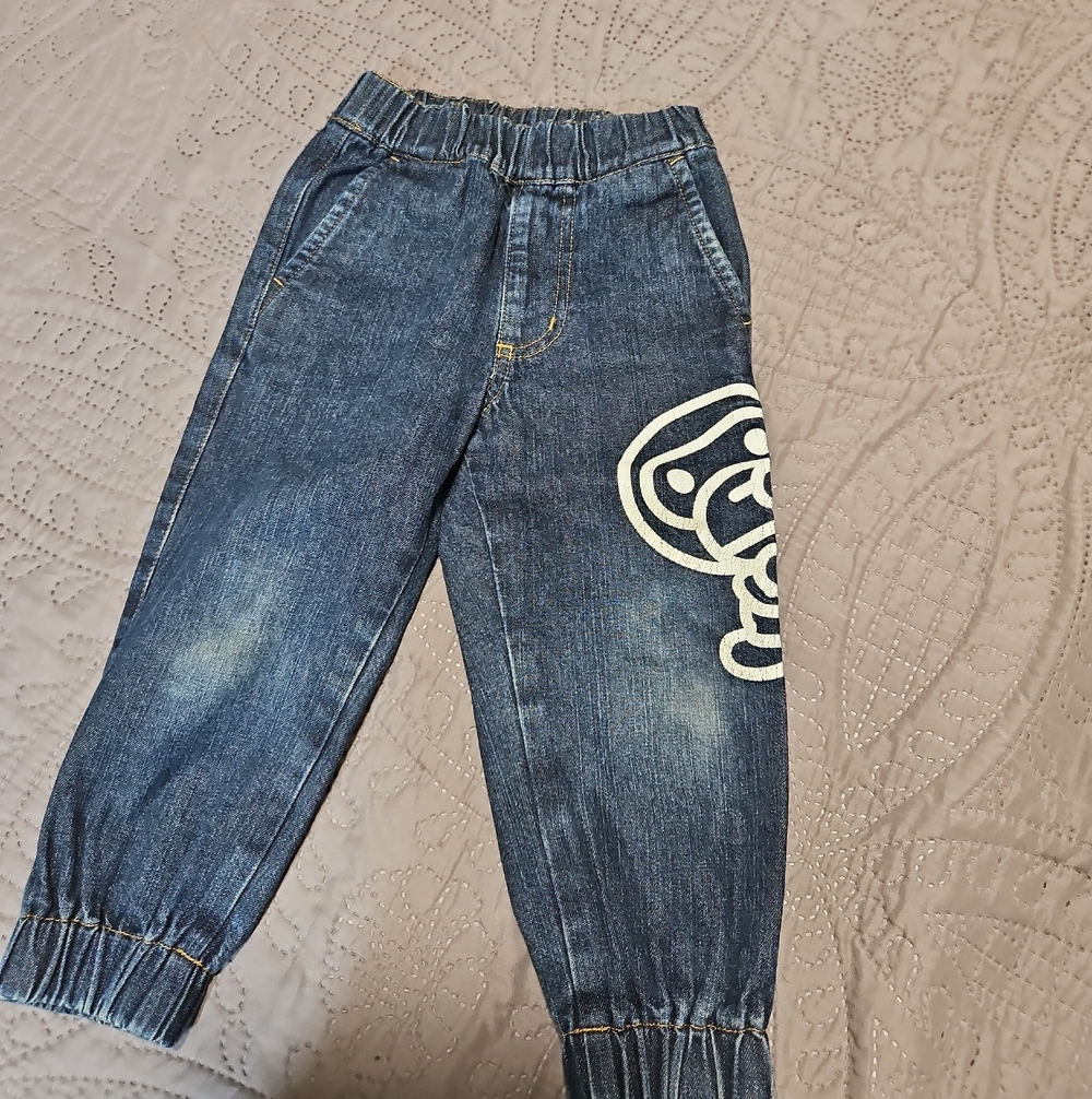 Bape Dark Blue Kids Denim Pants with White Ape Graphic